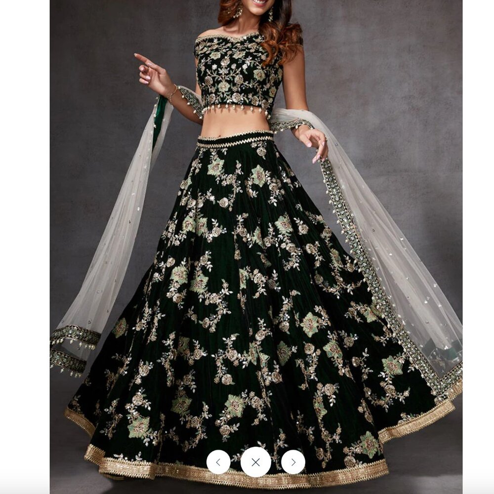 NWT Green Heavy Embroidered Velvet Lehenga Choli with Dupatta